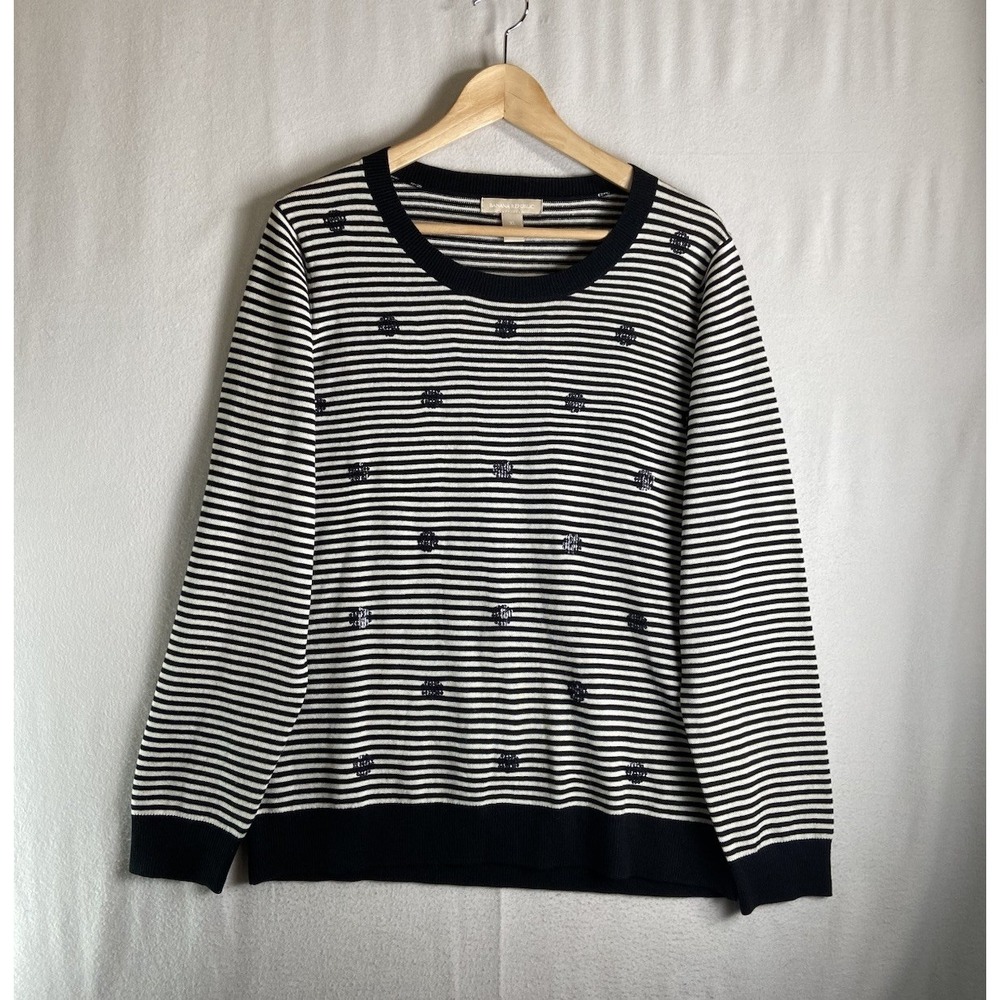 Banana Republic XL Striped Sweater Wool Blend Black/Cream Classic Preppy Knit